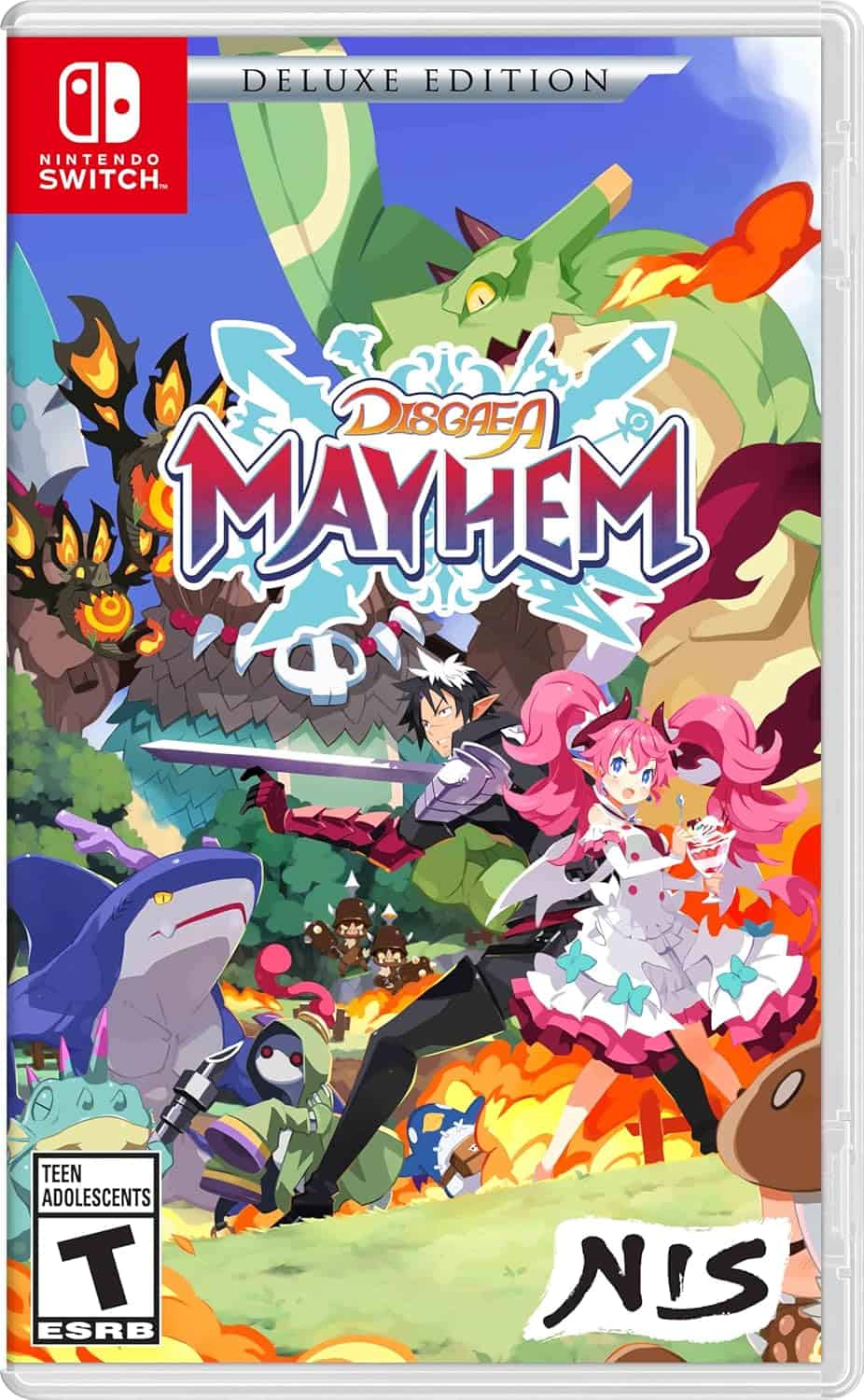 Disgaea Mayhem Nintendo Switch game cover with colorful characters and dynamic action scene.