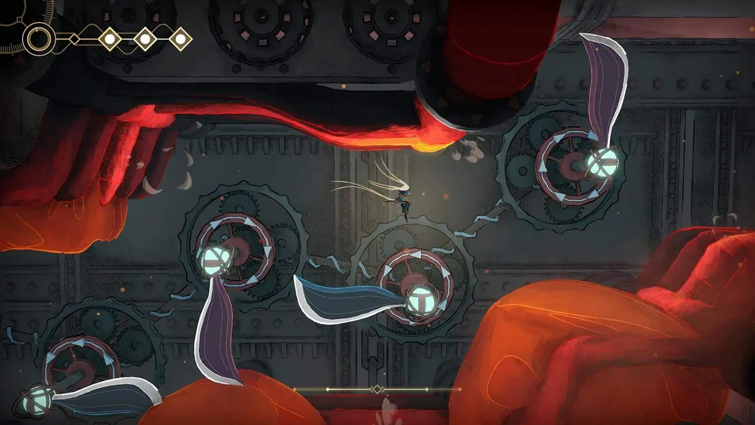 Spaceship interior with floating mechanical parts and glowing elements, inspired by Memories In Orbi.