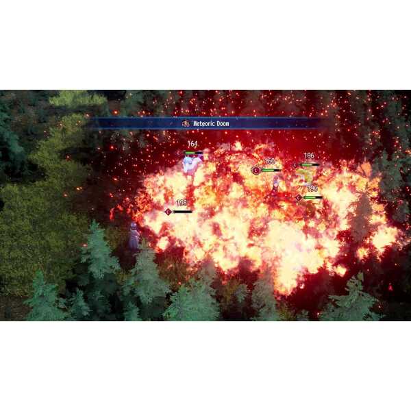 Epic battle scene with characters fighting a fiery meteor explosion in a forest setting.