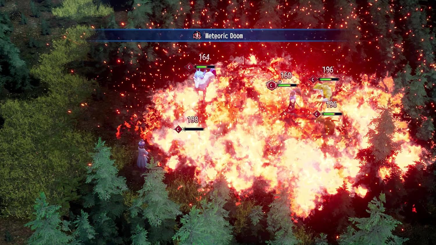Epic battle scene with characters fighting a fiery meteor explosion in a forest setting.