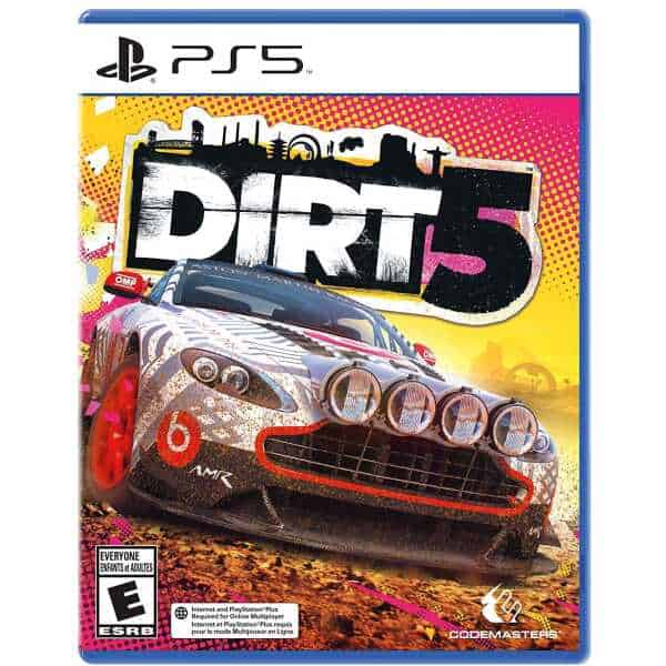 PS5 Dirt 5 racing game cover with car and vibrant background, high-speed racing action.