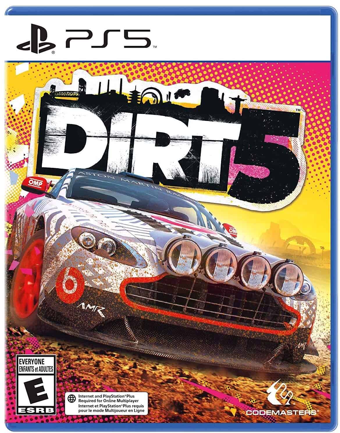 PS5 Dirt 5 racing game cover with car and vibrant background, high-speed racing action.