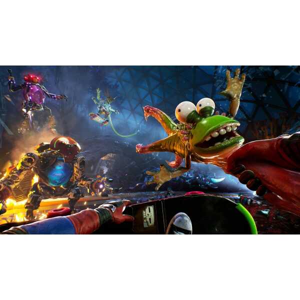 Intense video game battle with futuristic characters and monsters in a vibrant setting.