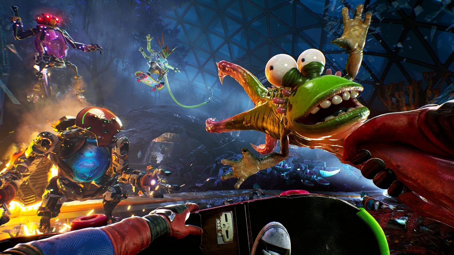 Intense video game battle with futuristic characters and monsters in a vibrant setting.