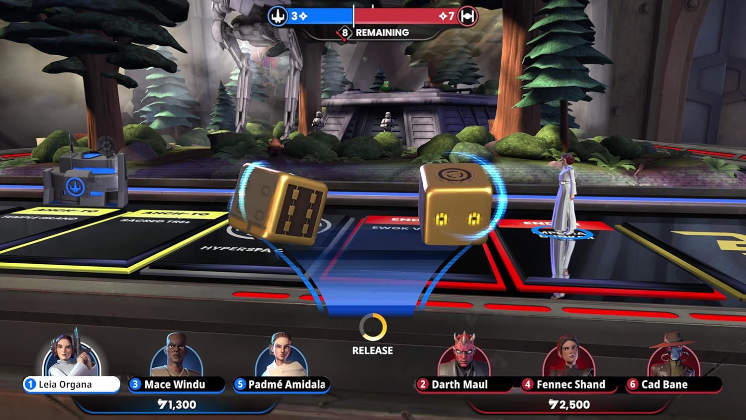 Interactive board game with dice, tokens, and character figures for fun gameplay.
