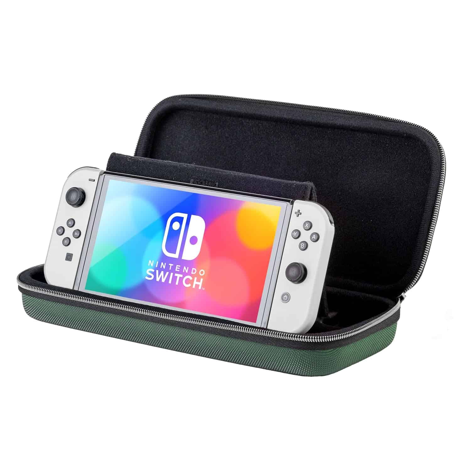 Nintendo Switch gaming console in a protective case for travel.