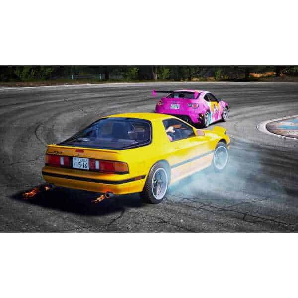 Two colorful racing cars on a track, yellow and pink, in a competitive race setting.