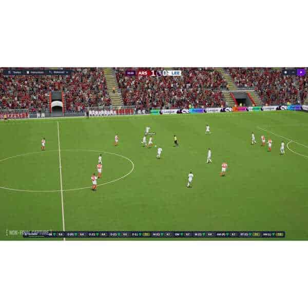 Football Manager 2026 match scene with players on the field.