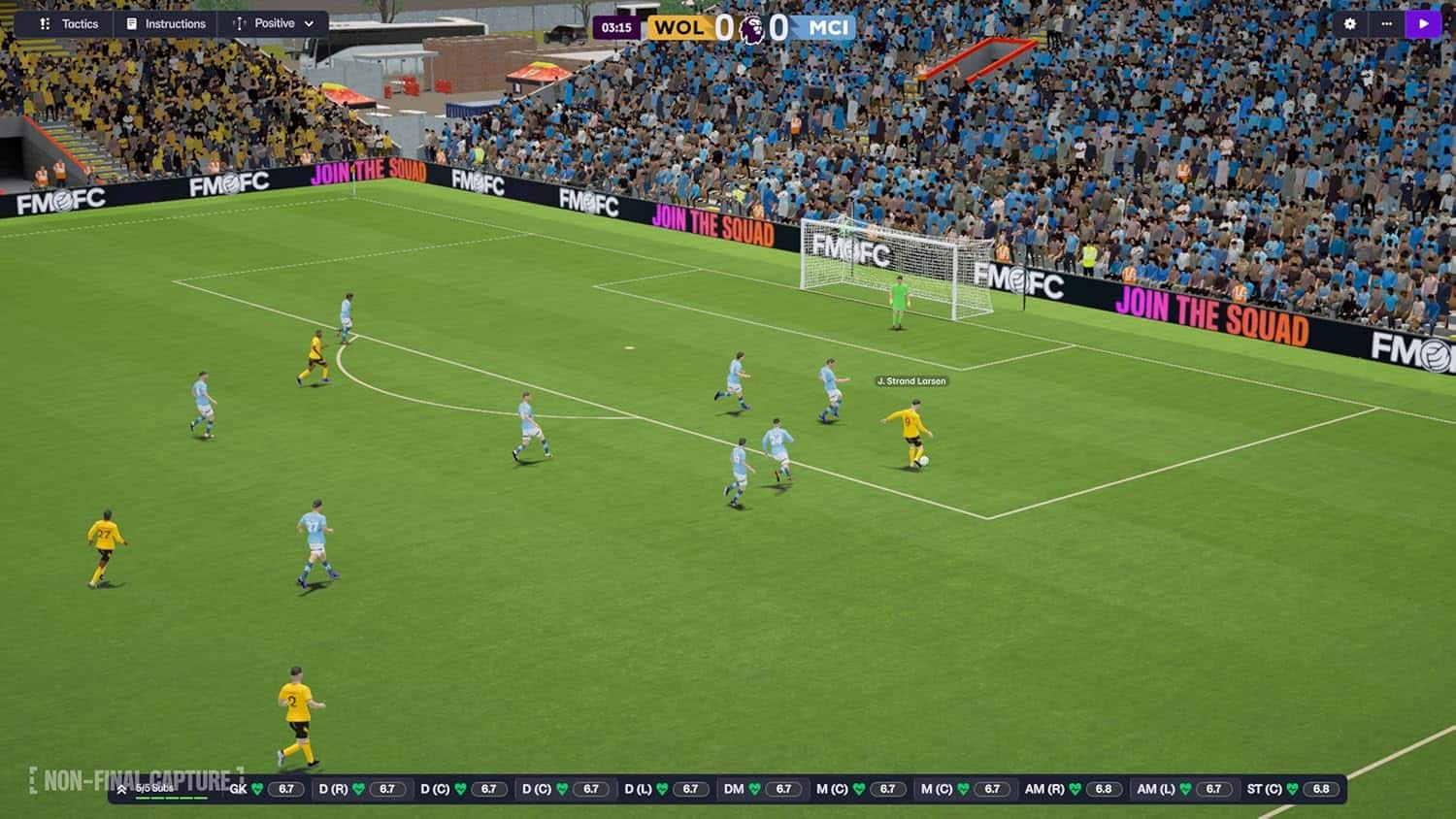 Football Manager 2026 in-game match scene with players on the field.