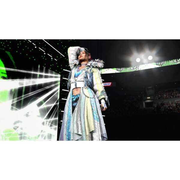 WWE 2K26 gaming poster featuring a wrestler in a dynamic pose.