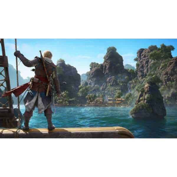 Adventure game character standing on a wooden dock overlooking a tropical island and turquoise water.