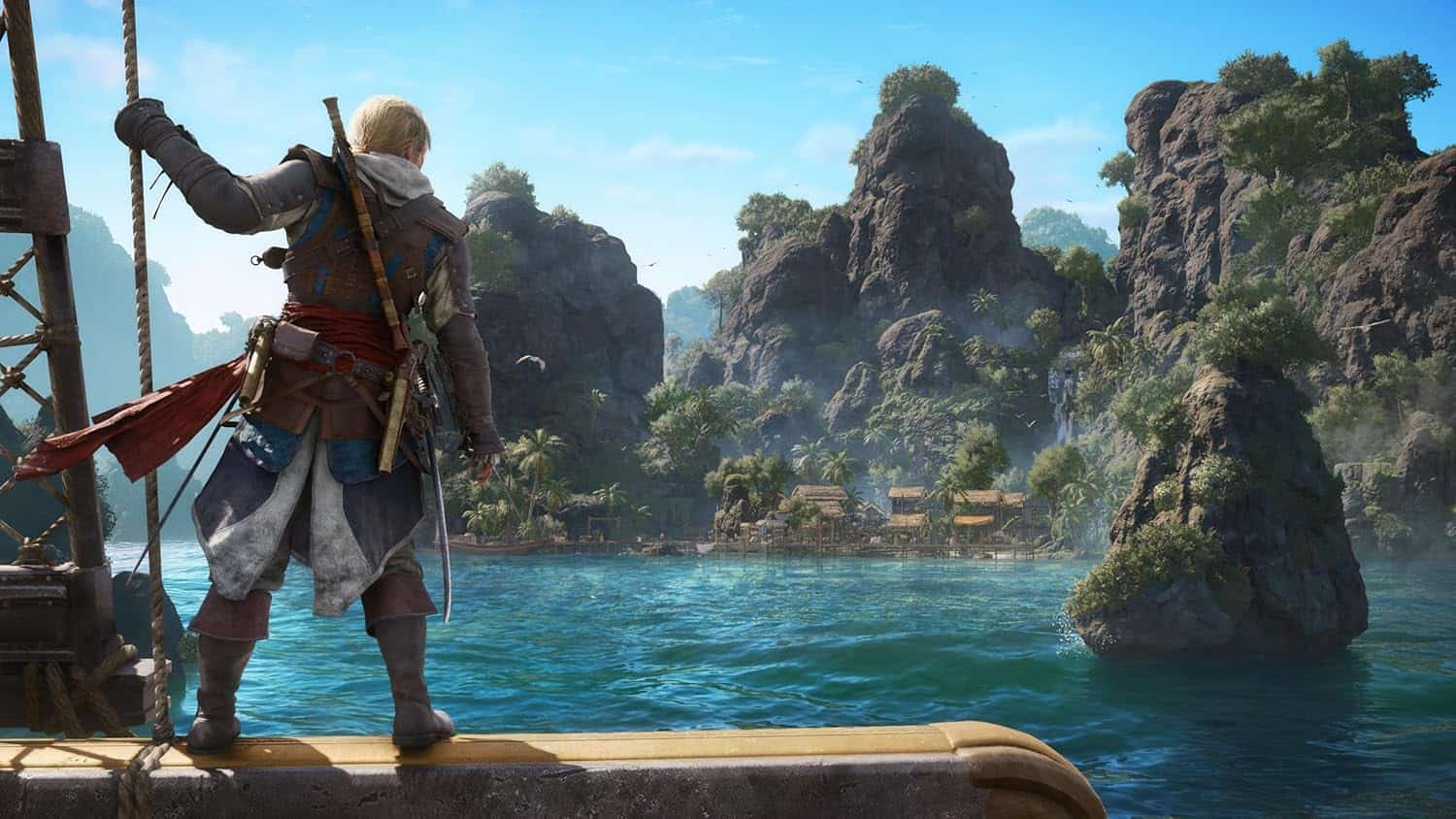 Adventure game character standing on a wooden dock overlooking a tropical island and turquoise water.