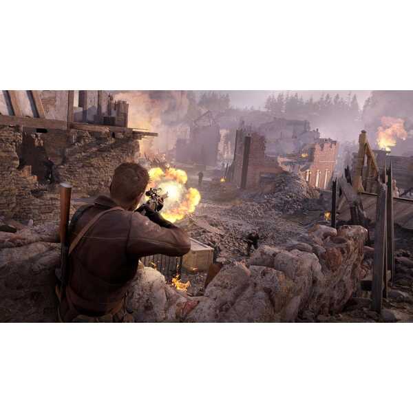 Soldier firing weapon amidst war-torn ruins with explosions and smoke in the background.
