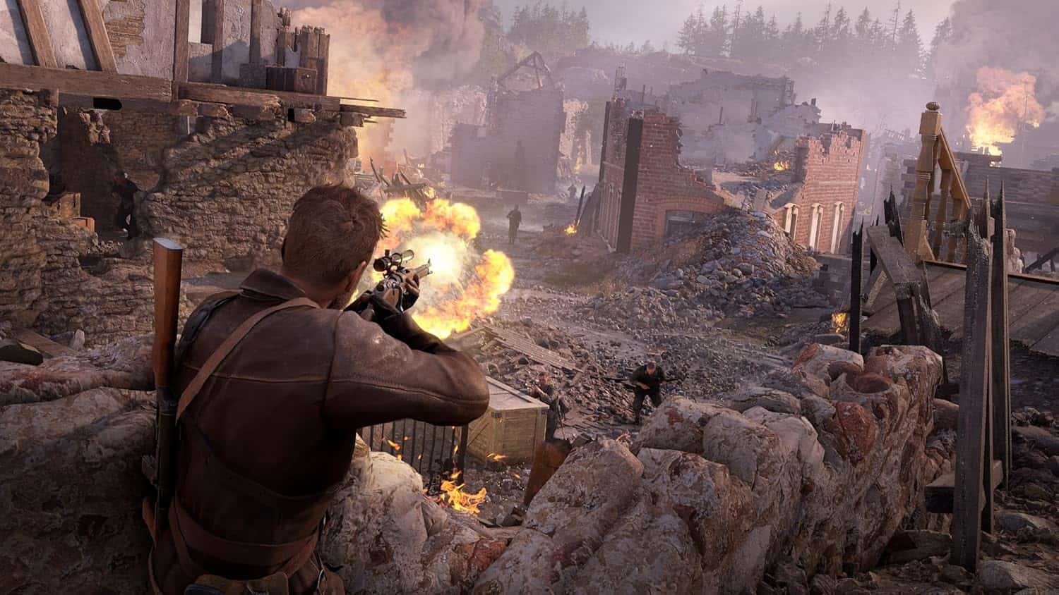 Soldier firing weapon amidst war-torn ruins with explosions and smoke in the background.