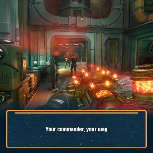 Action scene from The Outer Worlds 2 showing futuristic combat in a spaceship interior.