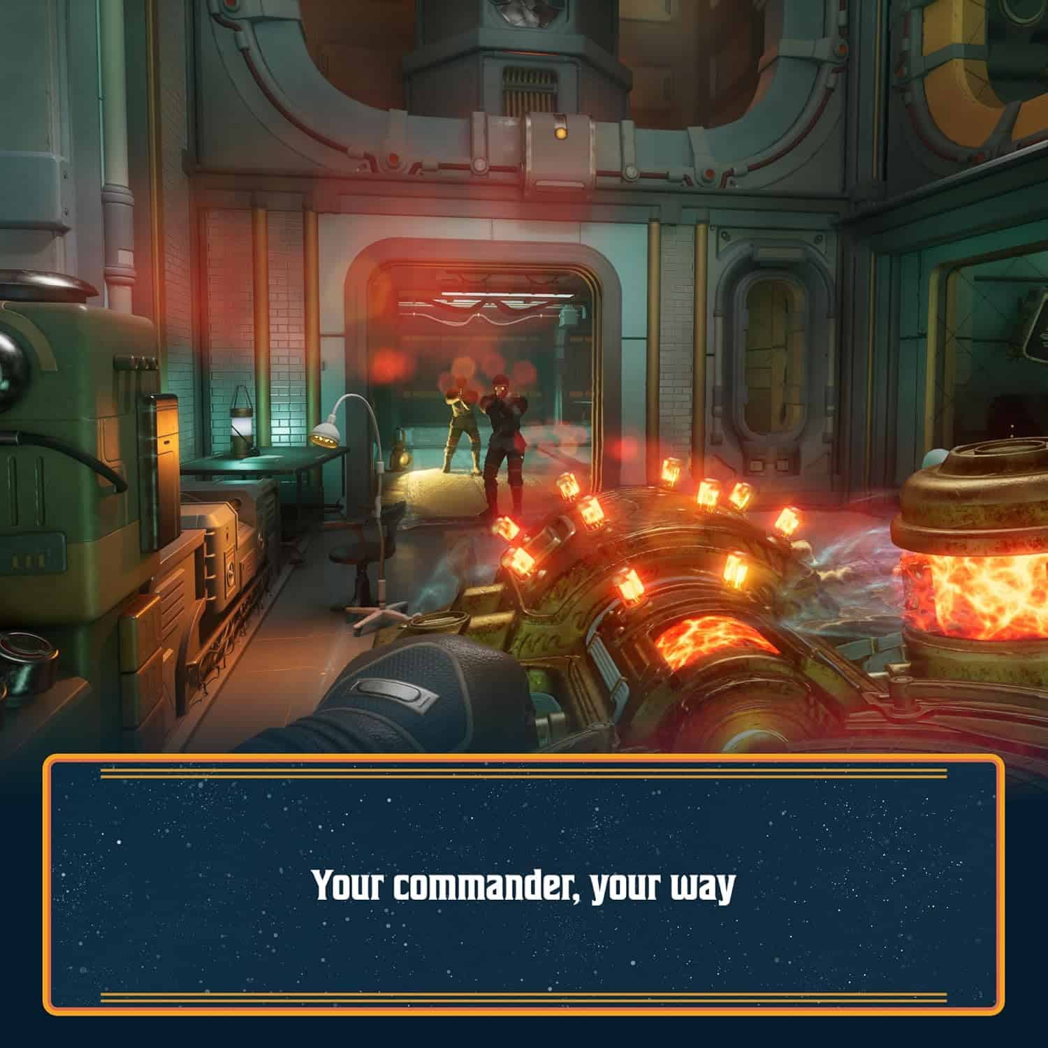 Action scene from The Outer Worlds 2 showing futuristic combat in a spaceship interior.