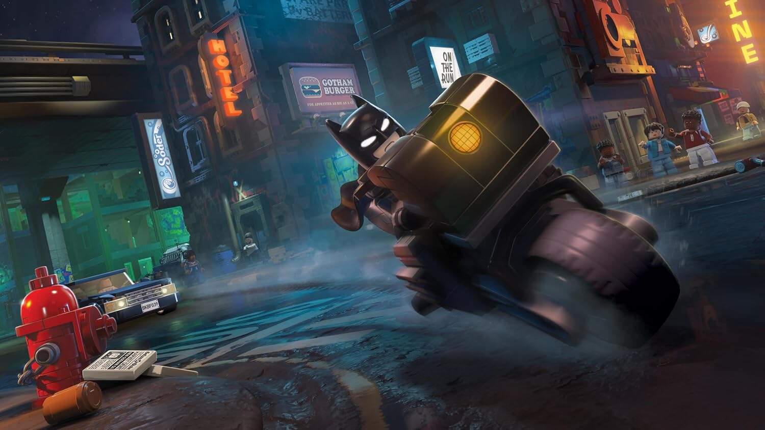 LEGO Batman riding a motorcycle in a neon-lit cityscape at night.