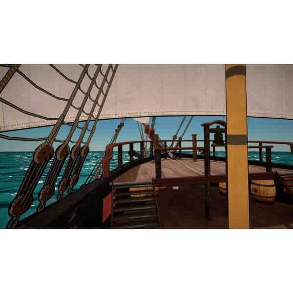 Illustration of a pirate ship deck with rigging and ocean view, part of the Feardemic Horror Bundle.