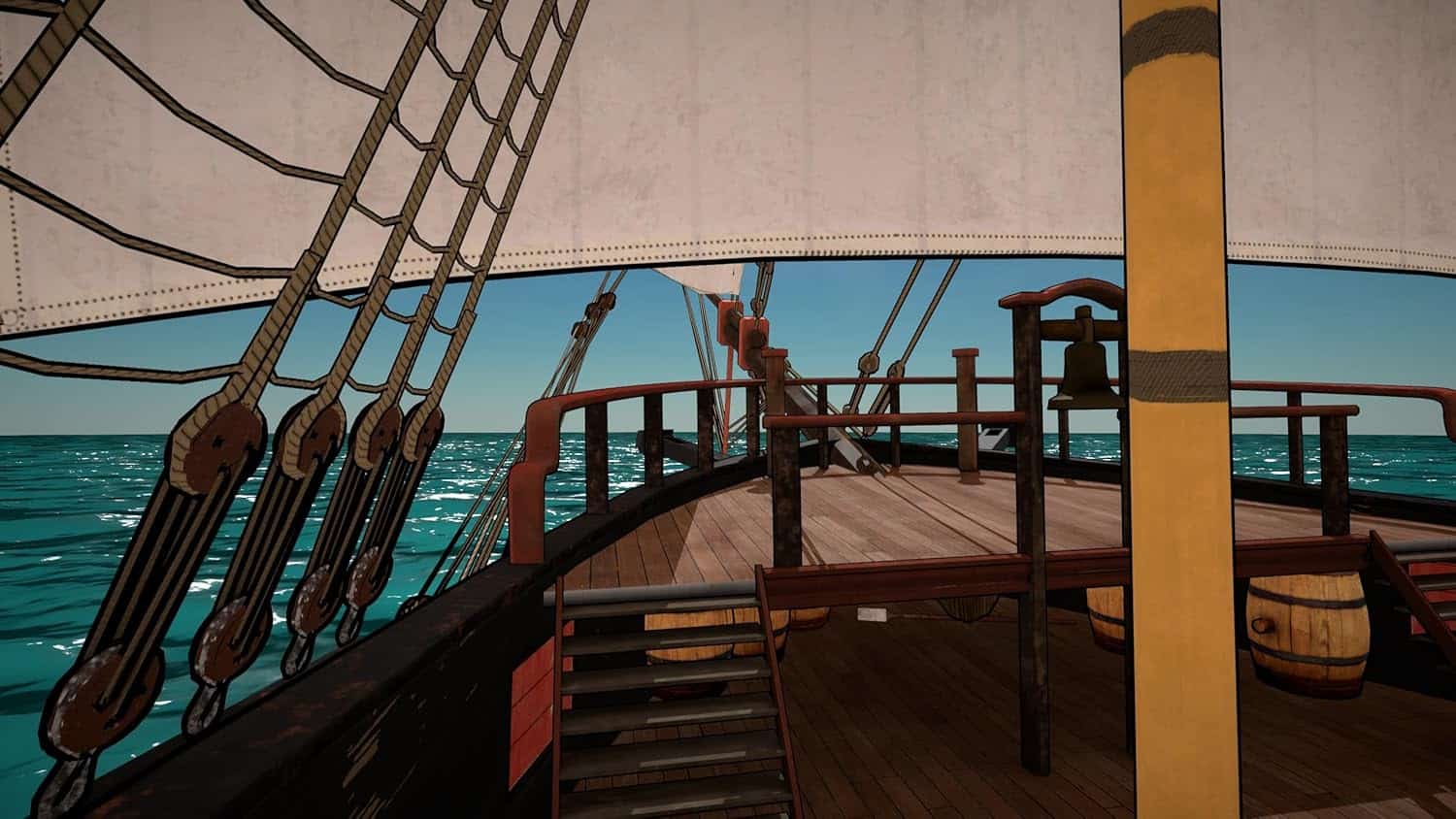 Illustration of a pirate ship deck with rigging and ocean view, part of the Feardemic Horror Bundle.