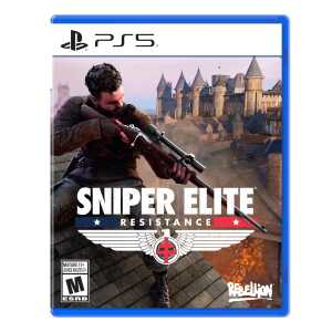 SNIPER ELITE RESISTANCE PS5 game cover with soldier aiming rifle in front of castle background.