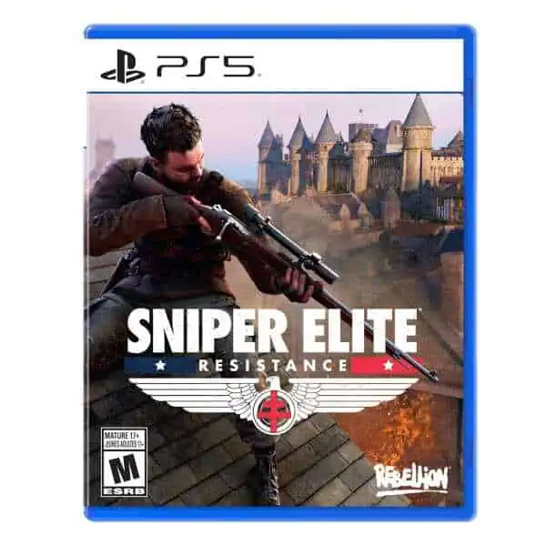 SNIPER ELITE RESISTANCE PS5 game cover with soldier aiming rifle in front of castle background.