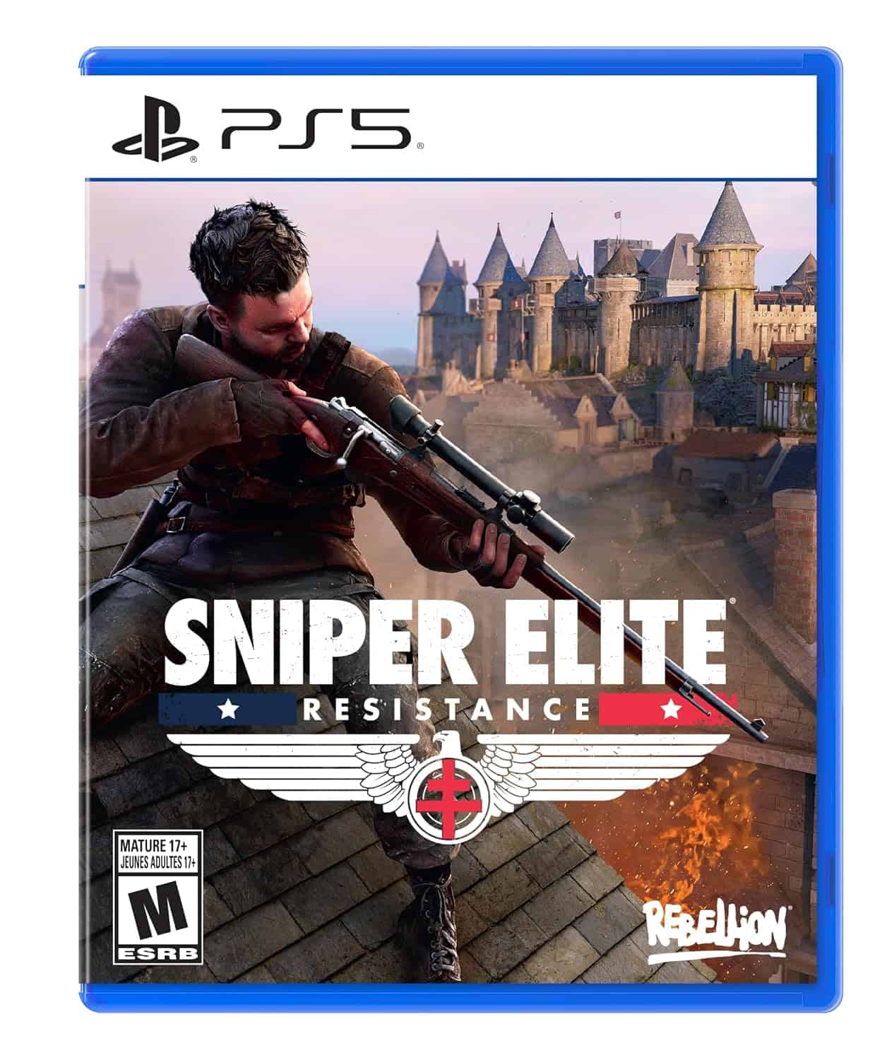 SNIPER ELITE RESISTANCE PS5 game cover with soldier aiming rifle in front of castle background.
