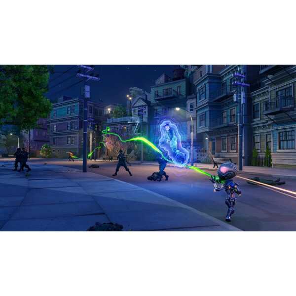 Futuristic battle scene from Destroy All Humans! 2 Reprobed game.