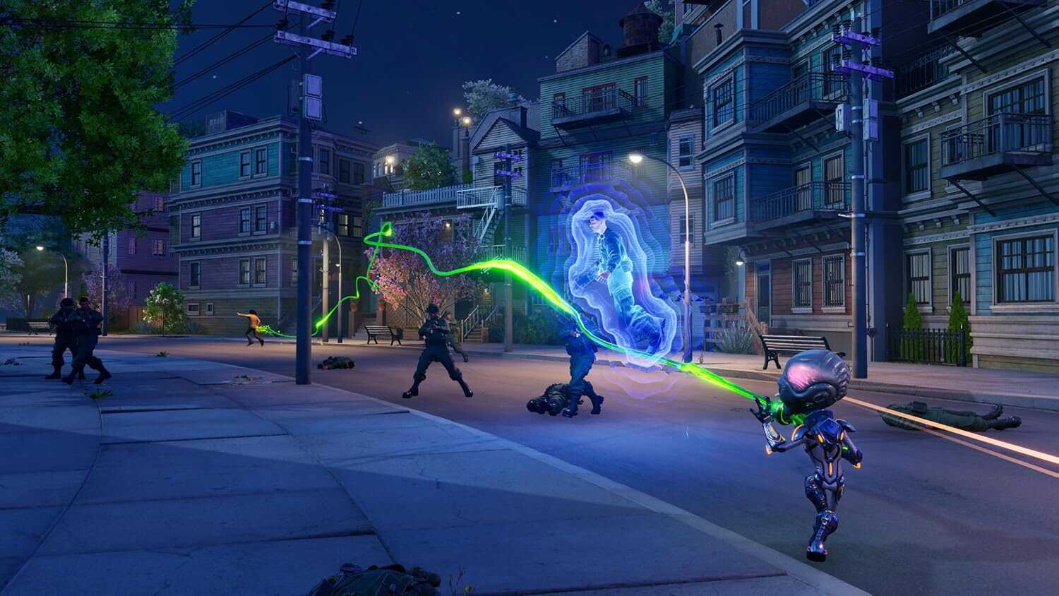 Futuristic battle scene from Destroy All Humans! 2 Reprobed game.