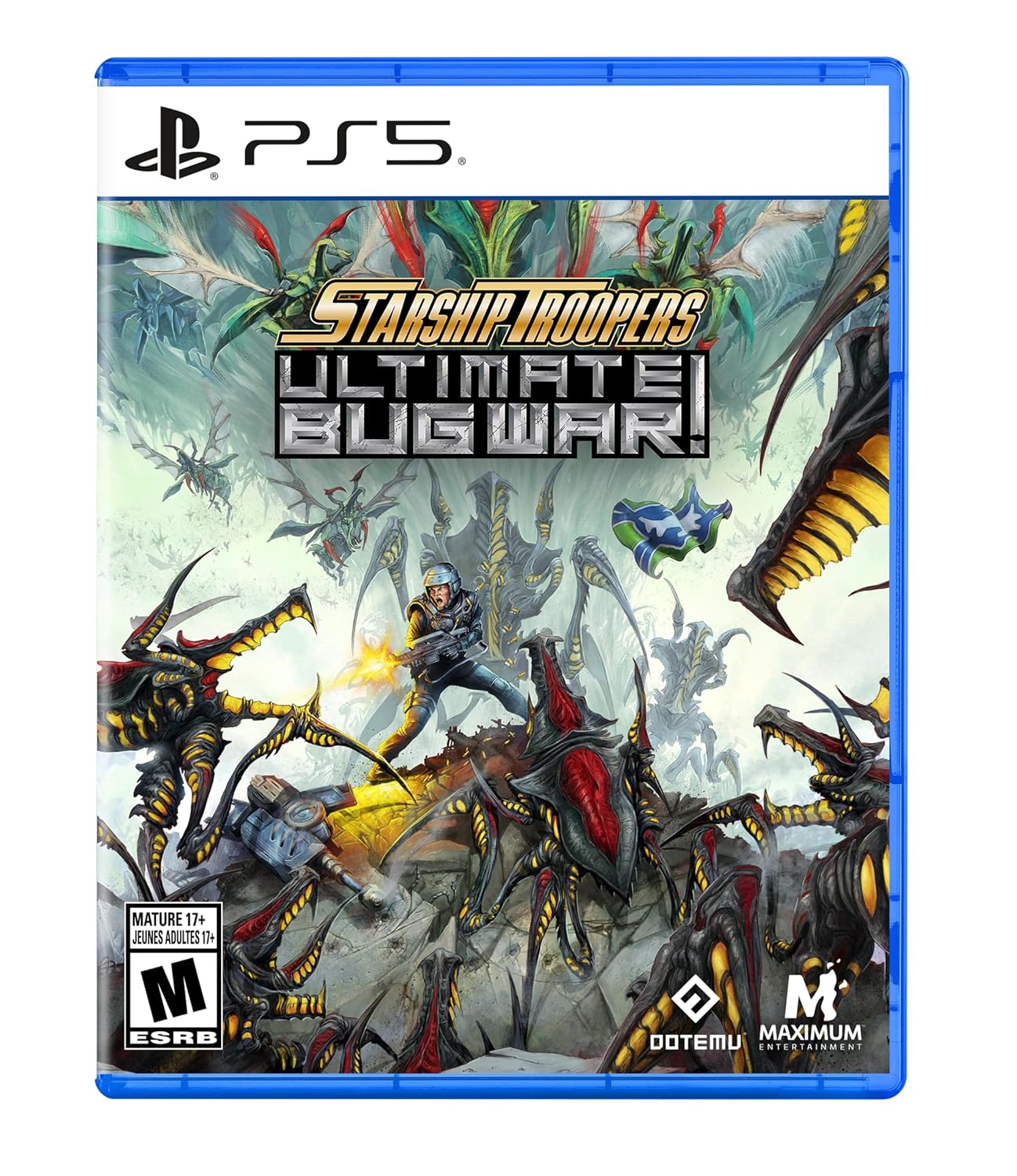 Starship Troopers Ultimate Bug War PS5 game cover with alien insects and soldier action.
