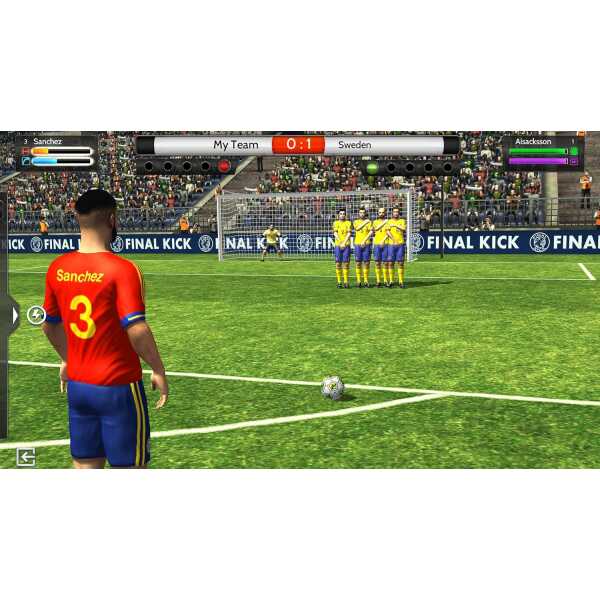 Virtual soccer penalty kick game with players in colorful uniforms on a stadium field.