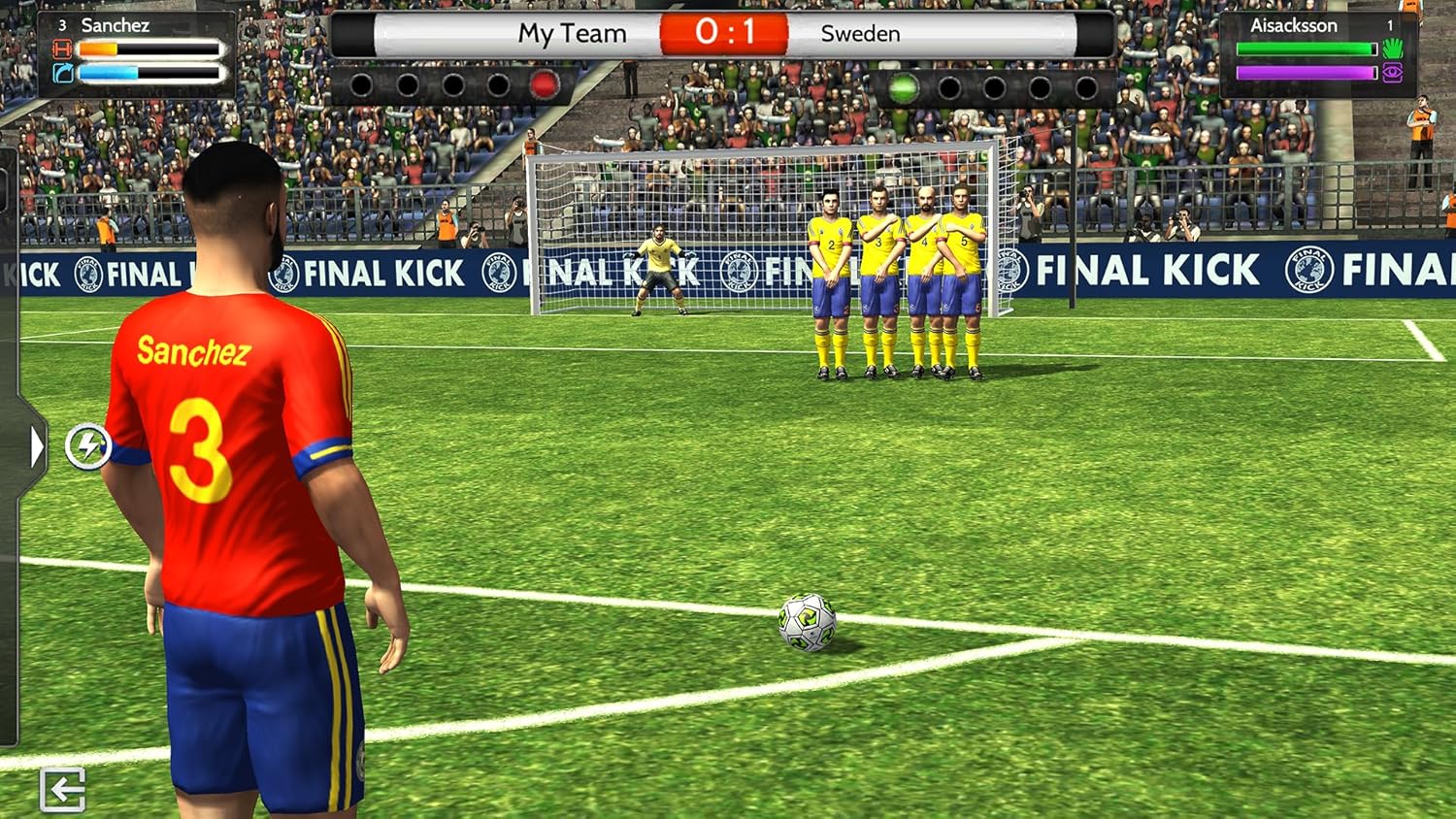 Virtual soccer penalty kick game with players in colorful uniforms on a stadium field.