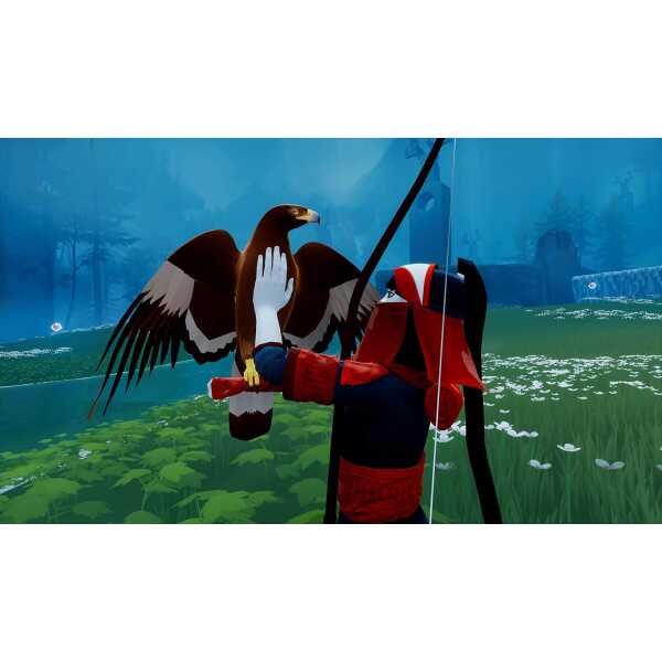 Eagle perched on archer's arm in a lush, misty forest setting.