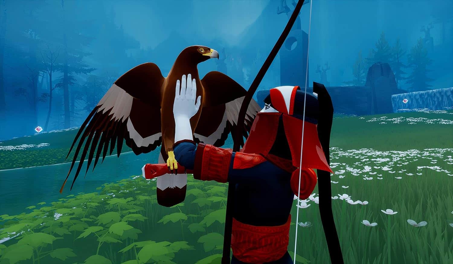 Eagle perched on archer's arm in a lush, misty forest setting.
