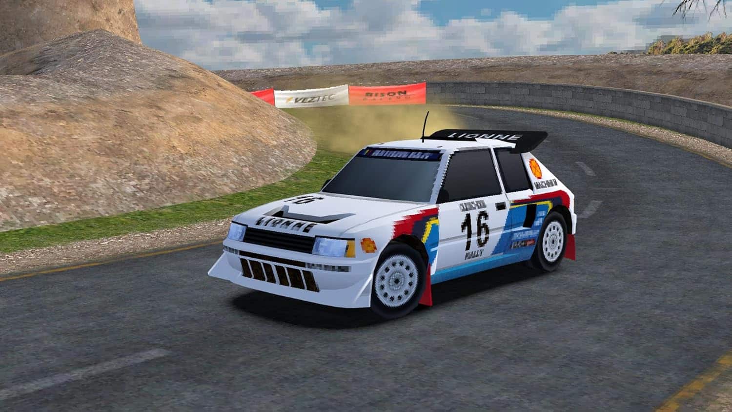 Classic rally car racing on a mountain road with sharp turns.