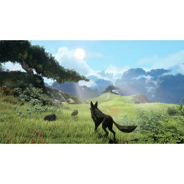 Fantasy landscape with a black wolf in a lush green field under a bright sky.