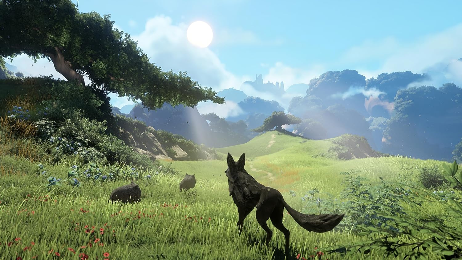 Fantasy landscape with a black wolf in a lush green field under a bright sky.