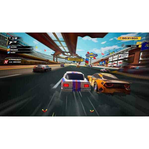 Racing game screenshot showing cars competing on a track with grandstands and colorful banners.