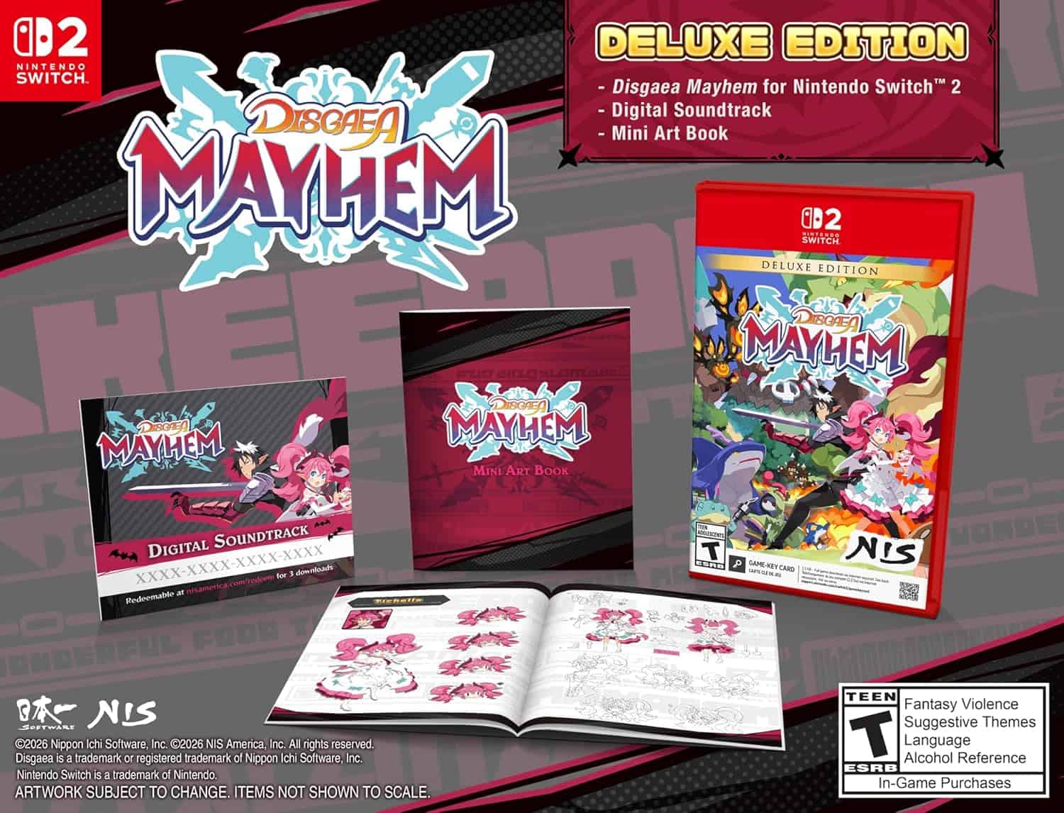 Disgaea Mayhem Nintendo Switch game with digital soundtrack and mini art book.