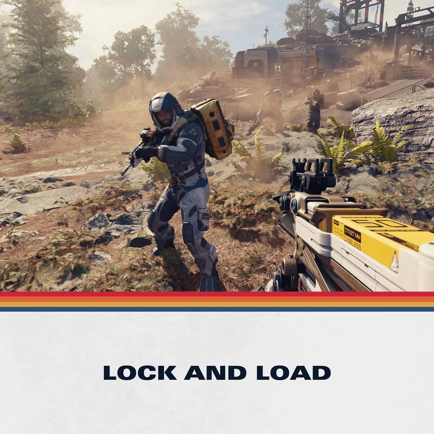 Action scene from Starfield Premium Edition showing a soldier in combat gear aiming a weapon in a ru.