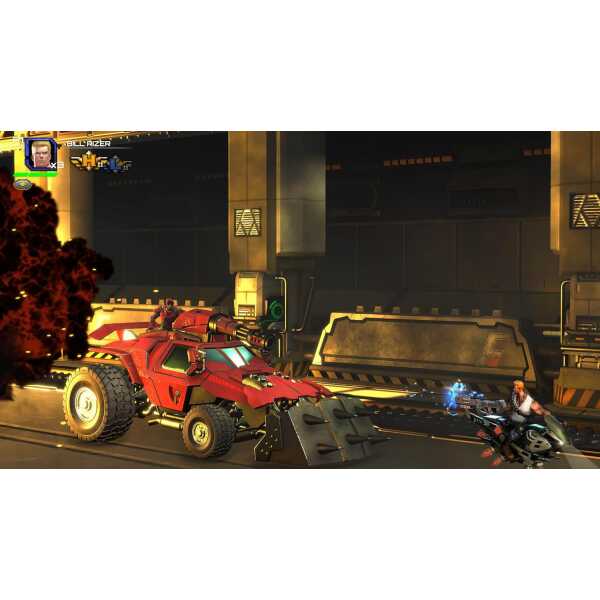High-tech armored vehicle engaging in combat scenario at Gameware event.