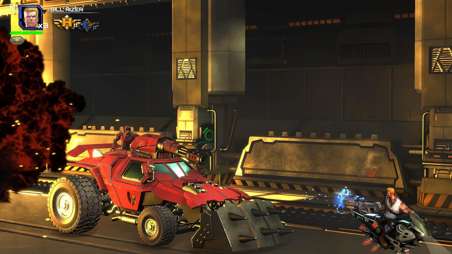 A sleek, red futuristic armored vehicle equipped with advanced weaponry battles a rival in a high-energy gaming environment at Gameware. High-tech armored vehicle engaging in combat scenario at Gameware event.