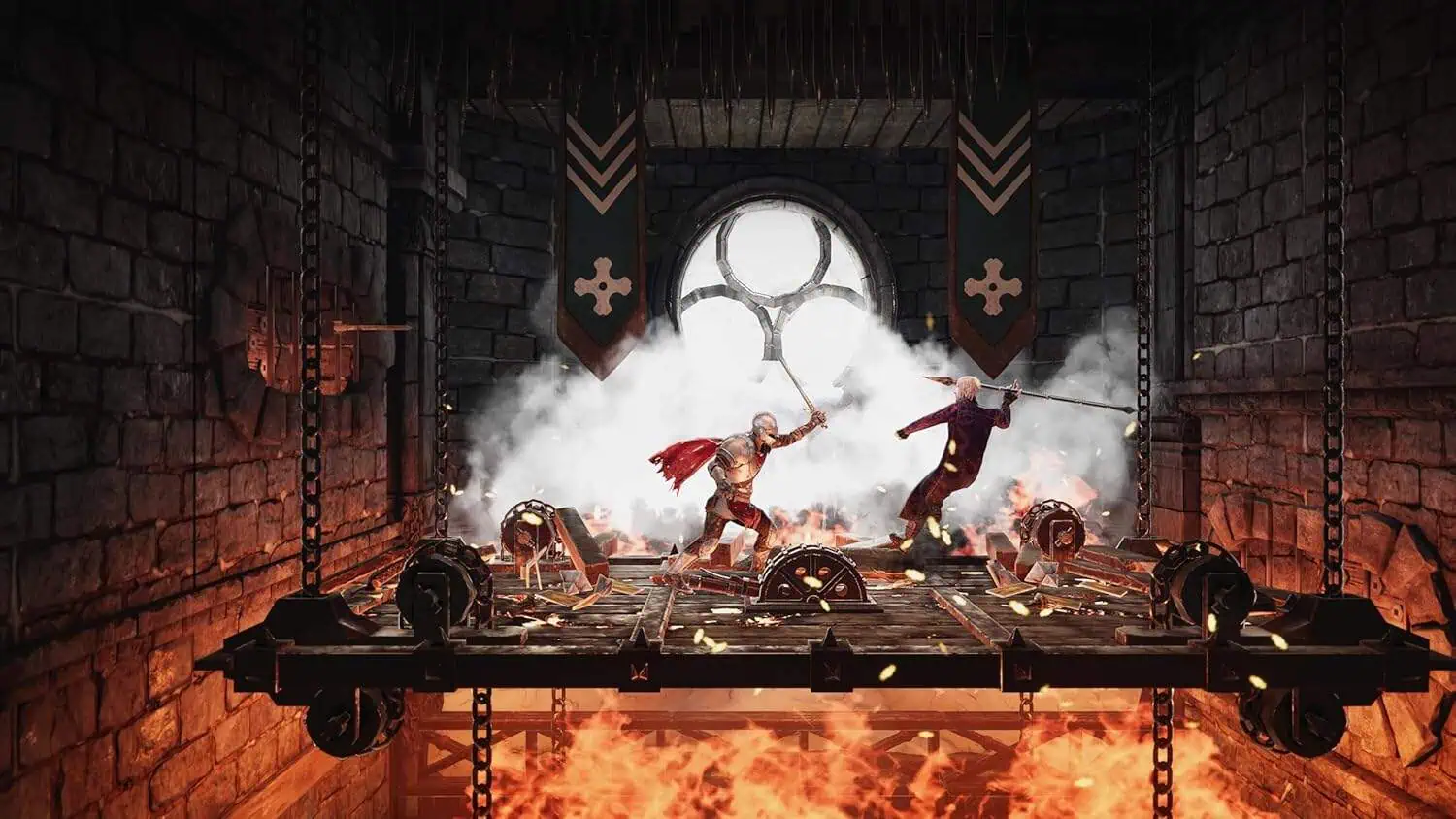 Action scene from Castle of Heart: Retold with knights fighting in a medieval castle.