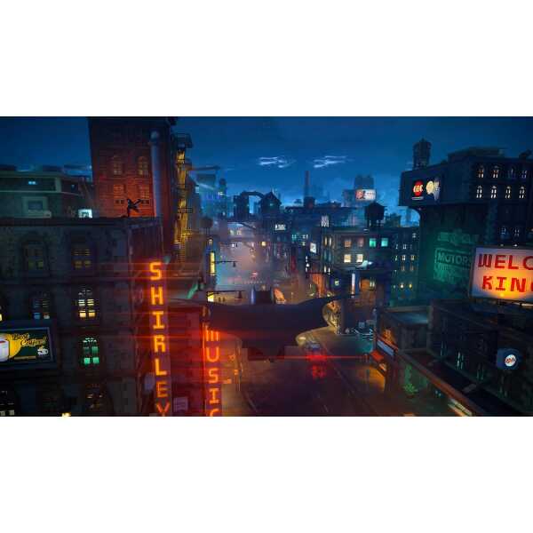 LEGO Batman flying over Gotham City at night with neon lights and skyscrapers.