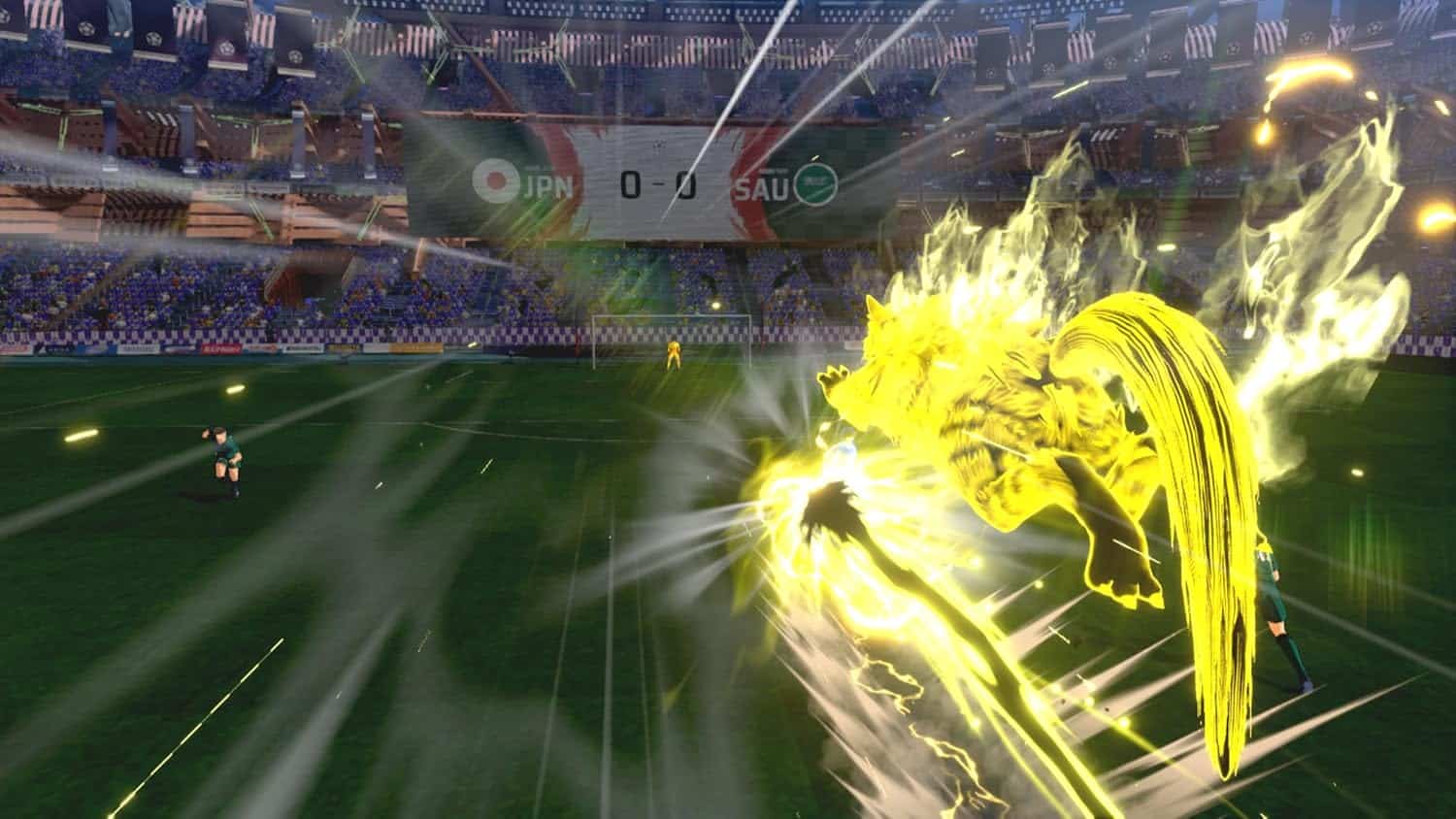 Esports stadium featuring a fiery lion graphic and dynamic lighting, highlighting gaming and sports.