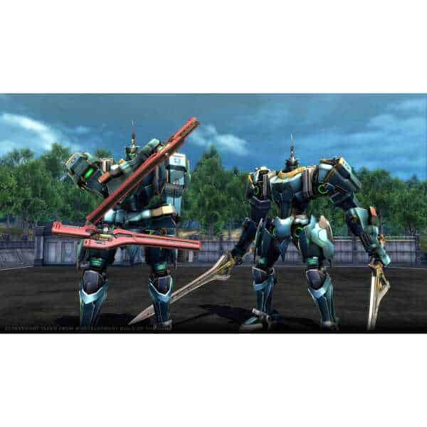 Two advanced combat robots with weapons in a lush outdoor setting.