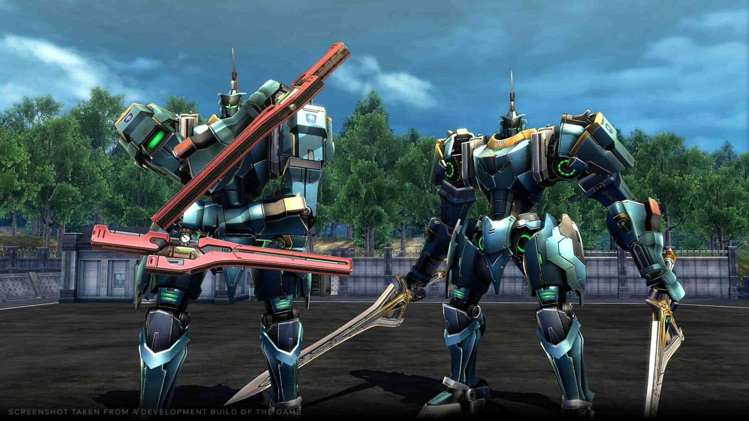 Two advanced combat robots with weapons in a lush outdoor setting.