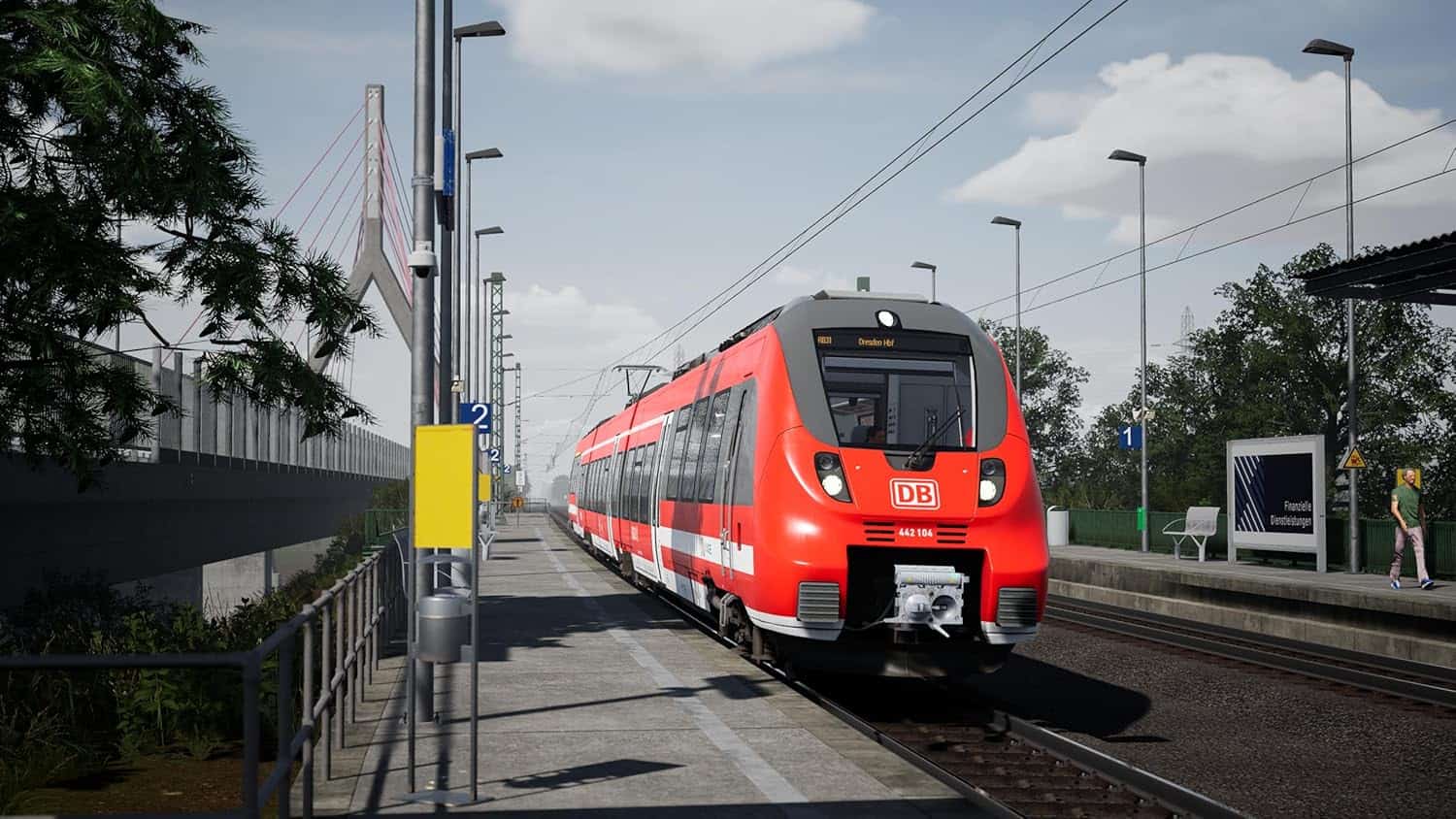Modern red passenger train at station platform in Train Sim World 6.