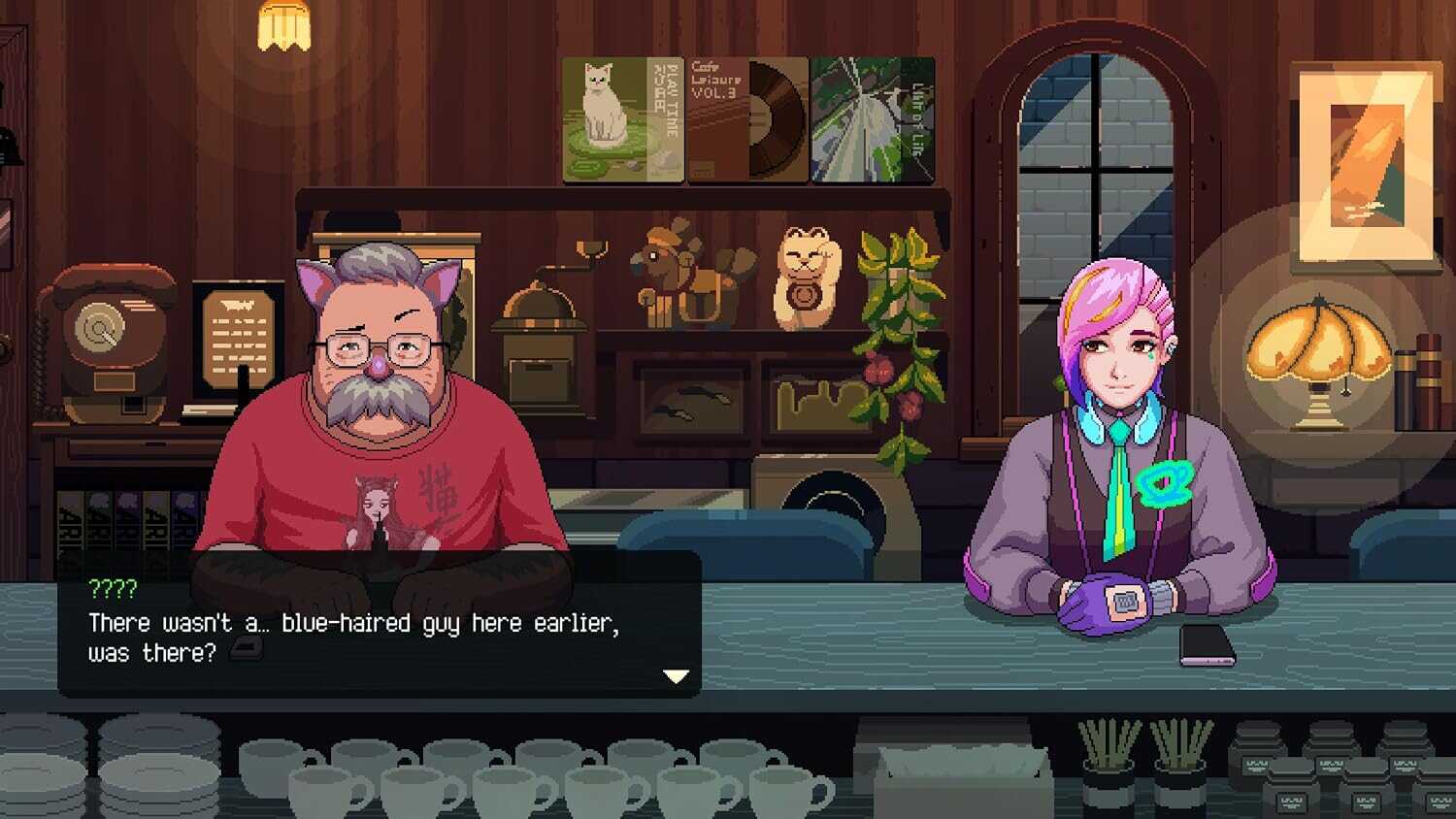 Anime-style scene from Coffee Talk Tokyo with characters at a coffee shop.