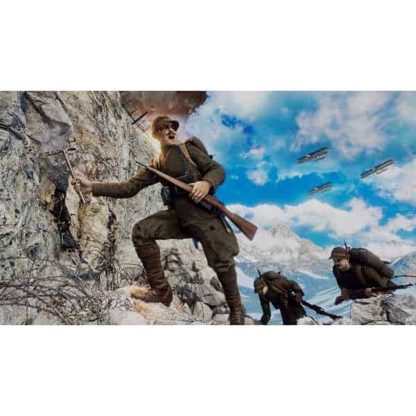 Mountain warfare soldiers climbing rocky terrain with rifles.