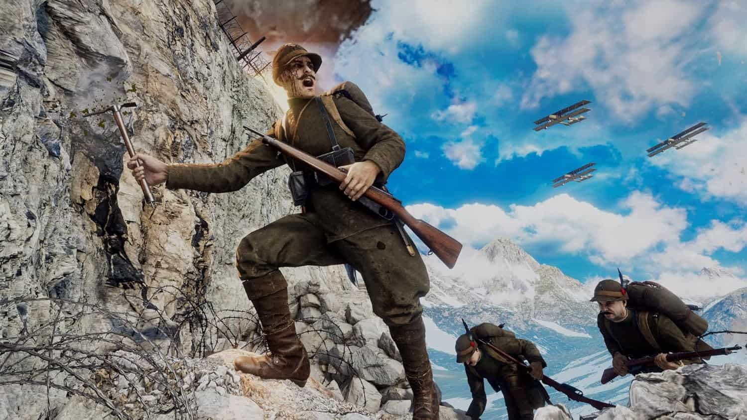 Mountain warfare soldiers climbing rocky terrain with rifles.